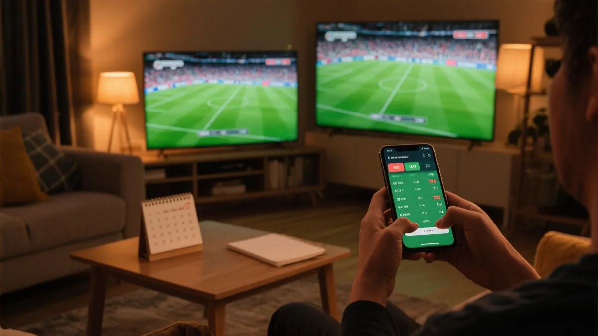 手机与电视双屏观赛的家庭客厅场景，用于直播观赛策略配图